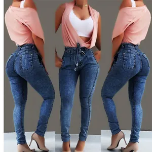 Front side and back views of high-waisted denim skinny jeans for women in wash blue