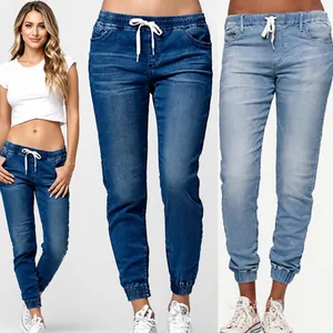 Women Plus Size Elastic Waist Denim Jogger Pants Loose Harem Lantern Jeans Casual Drawstring Cuffed Hem Washed Denim Long Pants