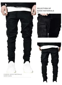 Detail view of men's slim fit multi-pocket cargo pants showing front, back and pocket