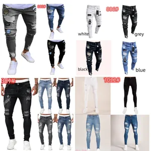 Men's skinny distressed jeans with patches in multiple colors and ripped denim styles.