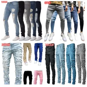 Collection of men's slim fit distressed skinny jeans in various denim colors and styles