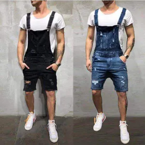 Vue détaillée de la salopette en jean déchiré pour hommes en couleurs noir et bleu