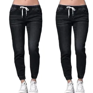 Women's comfortable black elastic waist denim joggers with drawstring and lantern leg