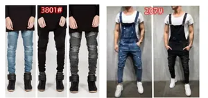 Comprehensive detail of men's ribbed moto skinny jeans and distressed denim dungarees in black
