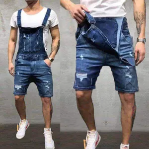Salopette en jean déchirée pour hommes avec bretelles réglables et détails usés