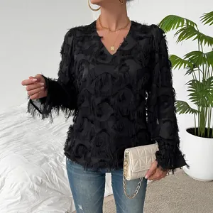 Chemisier à Manches Longues avec Col en V et Glands en Plumes pour Femmes Mode Coréenne Élégante Top Pull-over Couleur Unie Chemise Décontractée
