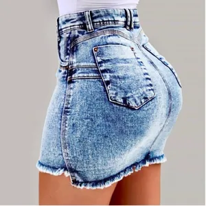 Σέξι τζιν μίνι φούστα acid wash με ψηλή μέση και ξεφτισμένο στρίφωμα