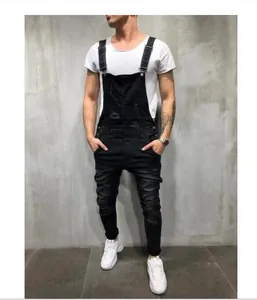Salopette en jean noir vieilli pour homme avec bretelles réglables et coupe ajustée tendance