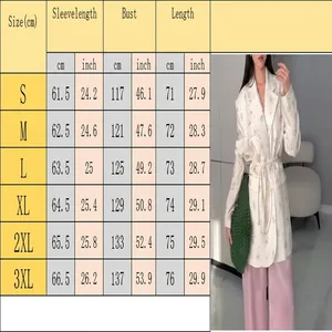 Tabla de tallas detallada para chaqueta blazer de mujer con estampado floral y cinturón