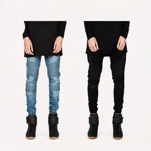 Jean Biker Mode pour Homme Plissé Slim Fit Denim Délavé Pantalon Moto Jambe Skinny Taille Moyenne Streetwear