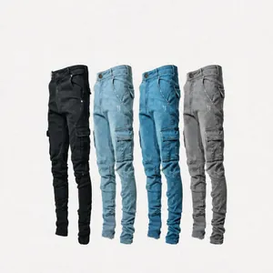 Men's Slim Fit Denim Cargo Pants Elastic Multi-Pocket Washed Jeans High Street Fashion Cotton Bottom For Daily Wear