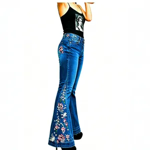 Stylish women's flare jeans with heavy floral embroidery and slim fit design.