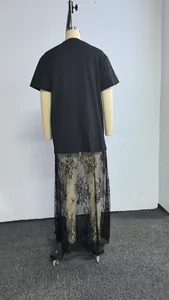 Back view of minimalist black plus size t-shirt dress with elegant floral lace hem