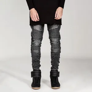 Jean biker homme gris délavé coupe ajustée avec détails de plis aux genoux style streetwear