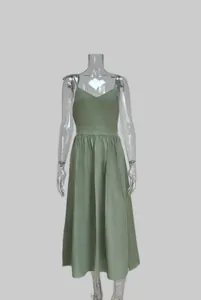 Detailed front view of an elegant sage green V-neck high waist backless strap midi dress