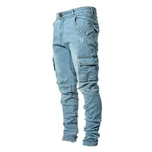Men's slim fit light blue denim cargo pants with elastic multi-pocket utility design