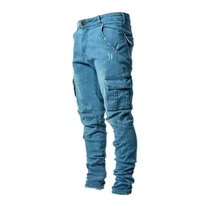 Slim fit men's denim cargo pants with multi-pocket design and elastic fabric in light blue.