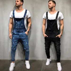 Men's distressed denim overalls with ripped details available in blue and black colors