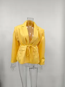 Elegante blazer amarillo brillante para mujer con lazo en la cintura y cuello de solapa