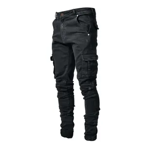 Slim fit black cargo jeans for men with multi-pocket design and durable elastic fabric