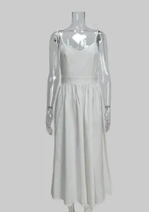 Detailed front view of an elegant white V-neck high-waist sleeveless midi summer dress