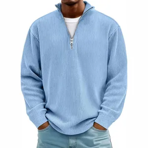 Herren Cord Langarm Top Stehkragen Viertel Reißverschluss Casual Polo Shirt Einfarbig Rippstrick Pullover Mode Herbst Winter Herren Bekleidung