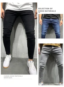Collage view of men's slim-fit denim jeans showing black, blue, and grey color options.