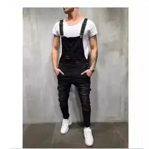 Salopette en jean noir slim élégante pour homme avec des détails de jambes déchirés