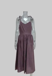 Elegant plum V-neck high-waist camisole dress displayed on transparent mannequin