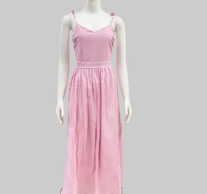 Elegant pink V-neck high-waist backless maxi strap dress for women in a chic summer style
