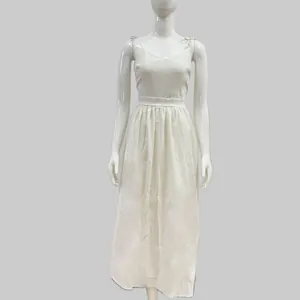 Full length view of elegant white V-neck maxi dress with spaghetti straps on mannequin