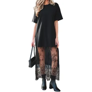 Black short sleeve T-shirt dress featuring a long floral lace patchwork skirt hem