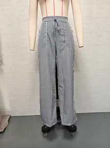 Vertical striped women's straight-leg casual pants with drawstring waist and side pockets