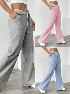 Detail showing multi-color striped wide-leg casual pants with comfortable drawstring waist