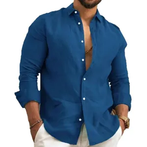 Klassisches lässiges blaues Baumwoll-Leinen-Hemd für Herren mit eleganten weißen Knöpfen