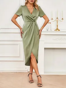 Elegant sage green satin short sleeve wrap dress featuring a stylish V-neckline