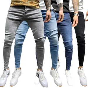 Men's slim fit stretch skinny jeans available in grey, blue, and black options