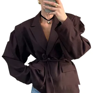 Chaqueta blazer marrón oversize con lazo en la cintura para mujer