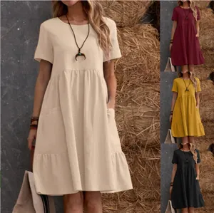 Vestido de verano suelto de algodón y lino con bolsillos y cuello redondo en colores