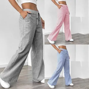 Women's Summer Casual Striped Wide Leg Pants Drawstring High Waist Straight Bottom Breathable Lightweight Daily Wear Trousers