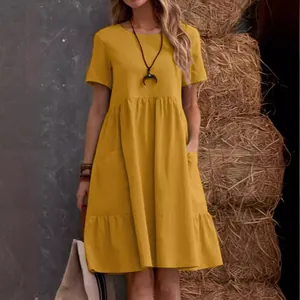 Vestido de mujer amarillo de algodón y lino, manga corta, cuello redondo, estilo retro