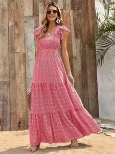 Beautiful detail view of a V-neck high waist floral print tiered short sleeve maxi dress