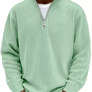 Ανδρική πράσινη ριγέ κοτλέ μπλούζα πόλο με μακρύ μανίκι και φερμουάρ για το φθινόπωρο