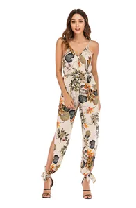 Western style floral print cotton jumpsuit for women with V-neck and side split leg detail
