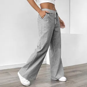 Summer casual striped wide-leg trousers for women with high waist and drawstring design