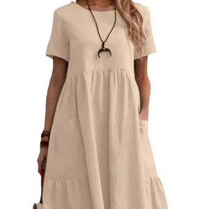 Vestido retro minimalista de algodón y lino para mujer en beige con bolsillos y corte holgado