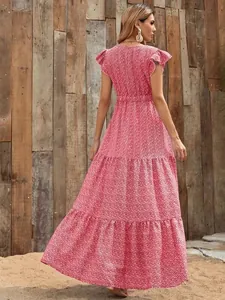 Detailed back view of a bohemian red floral tiered maxi dress featuring short flutter sleeves