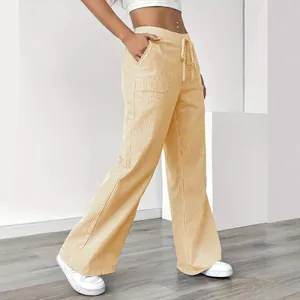 Summer casual yellow and white vertical striped wide leg pants for women with drawstring waist