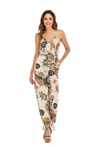 Full-body view of a stylish tropical floral print jumpsuit with V-neck and belt