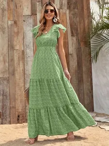 Green V-neck floral print tiered maxi dress featuring a high waist and short ruffle sleeves